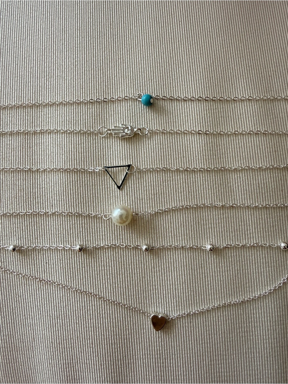 Layered Silver anklet set with Turquoise Bead, Pearl & Heart